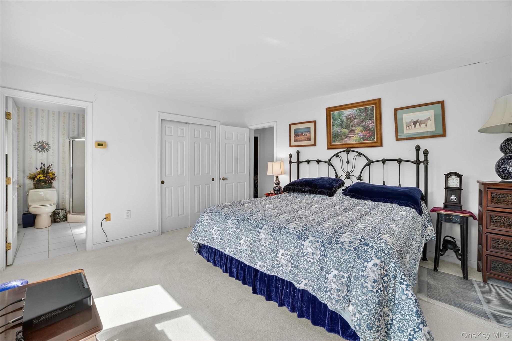Bedroom with a black metal bed and blue patterned bedding, open to an adjoining bathroom.
