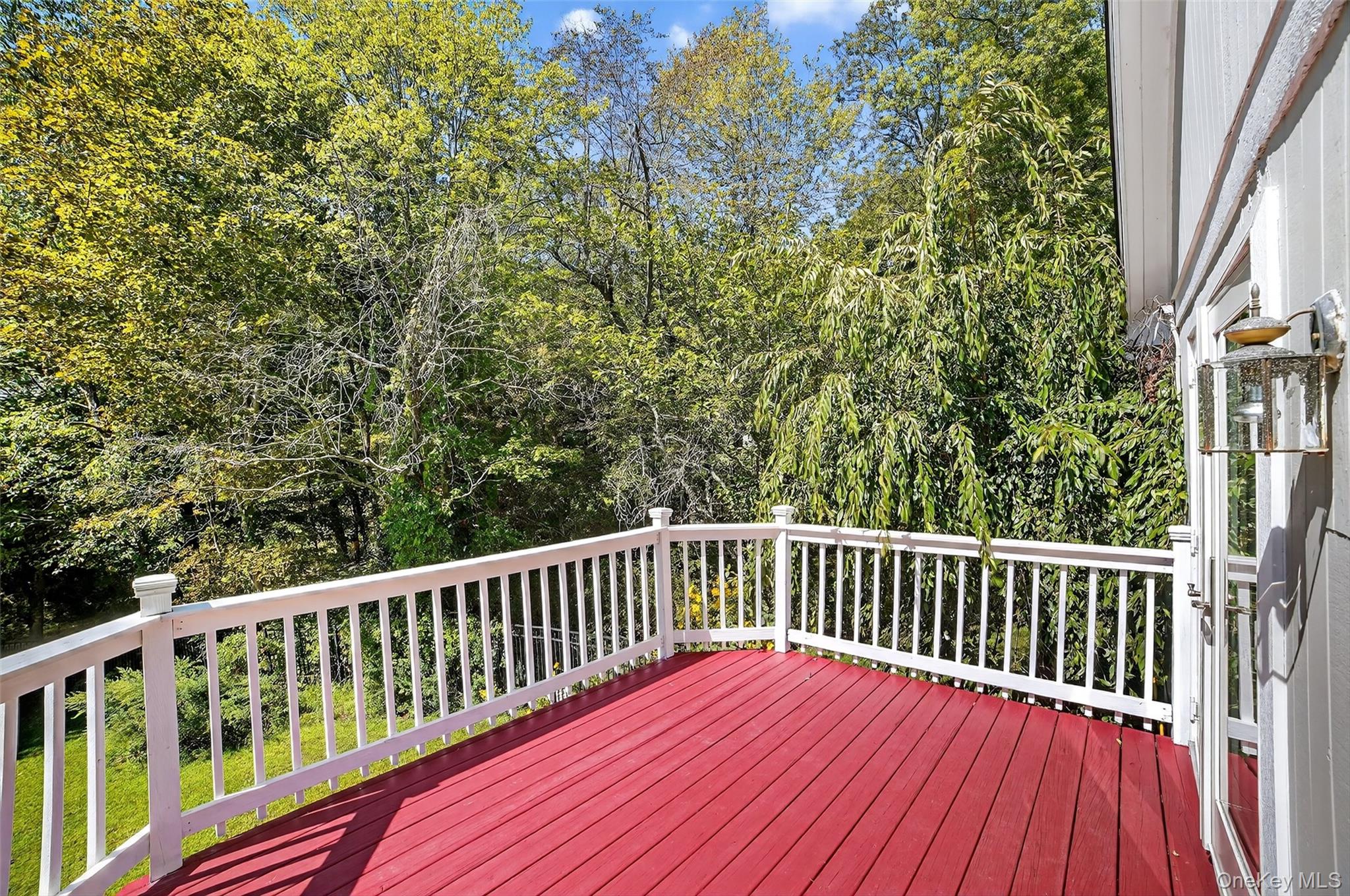 Red deck with white railings overlooking dense trees.