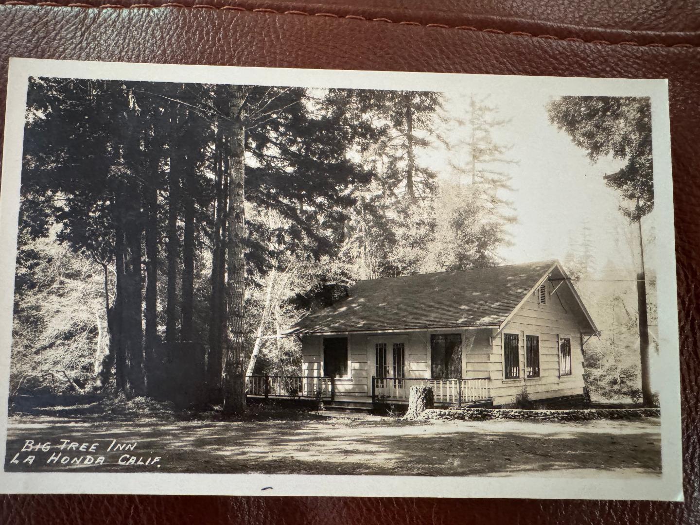 Historic Big Tree Inn, a small gabled building surrounded by trees in La Honda.