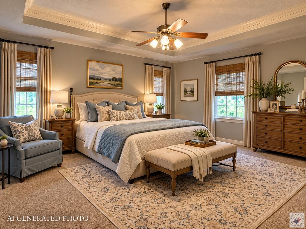 Furnished bedroom with a large upholstered bed, tray ceiling, ceiling fan, and blue-gray bedding.