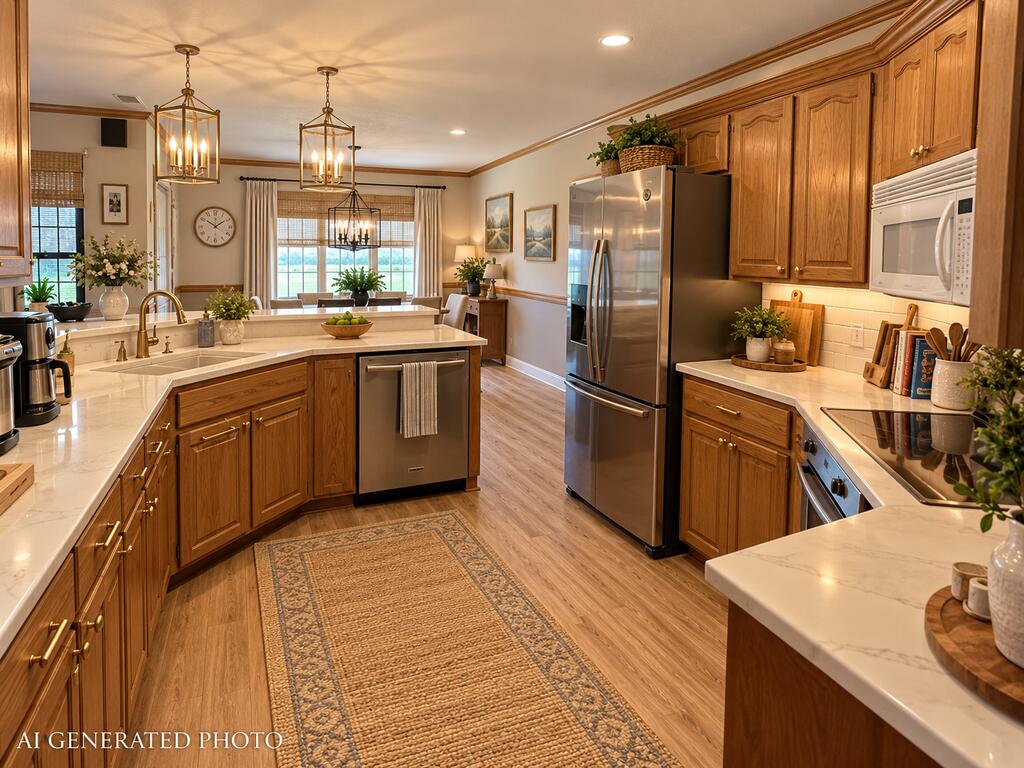 Kitchen with warm wood cabinets, stone counters, stainless steel appliances, and pendant lights.