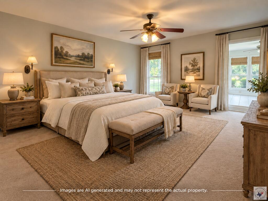 Furnished bedroom with a large bed, upholstered bench, and a sitting area by tall windows.