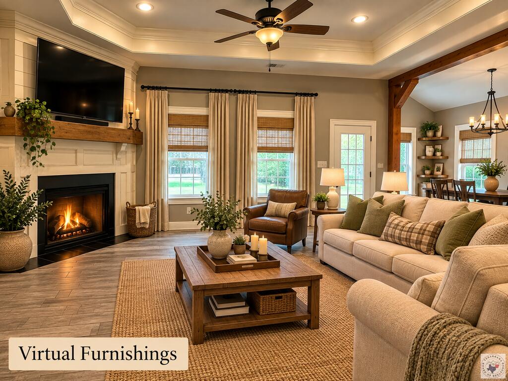 Virtually furnished living room with a fireplace, beige seating, and an adjoining dining area.