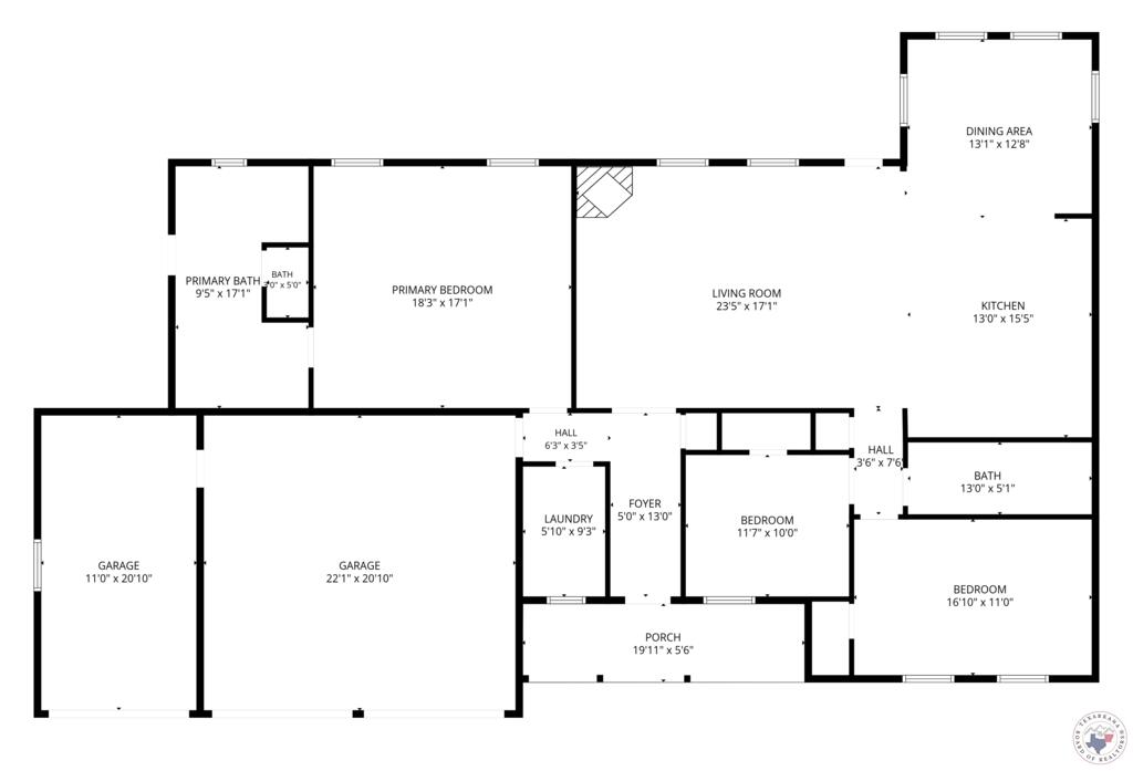 Floor plan showing labeled rooms, dimensions, porch, and two garage spaces.