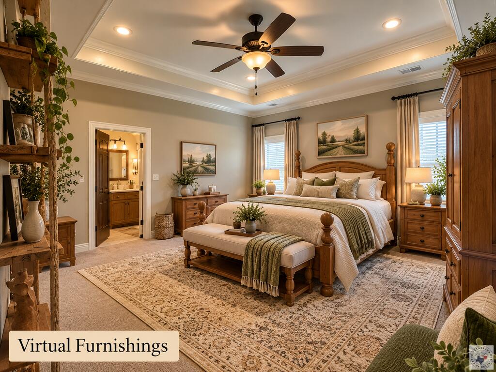 Virtually furnished bedroom with a wooden bed, tray ceiling, and doorway to an adjoining bathroom.