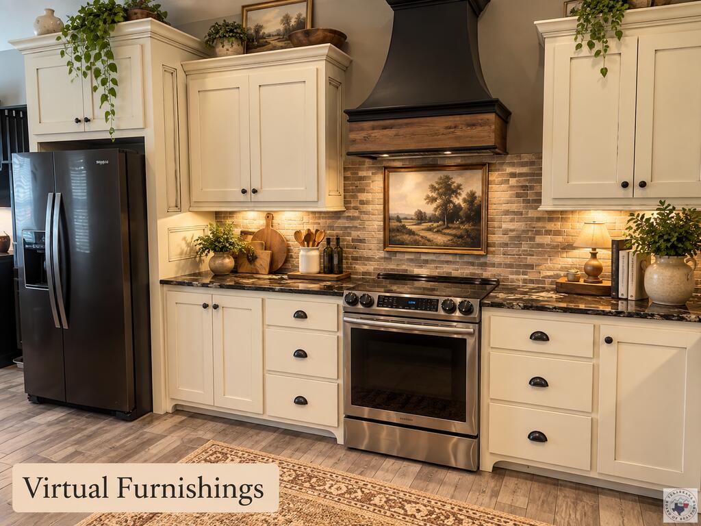 Kitchen with cream cabinets, stainless appliances, brick backsplash, and a virtual furnishings label.