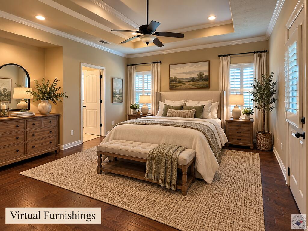 Virtually furnished bedroom with a large bed, upholstered bench, and tray ceiling with a ceiling fan.
