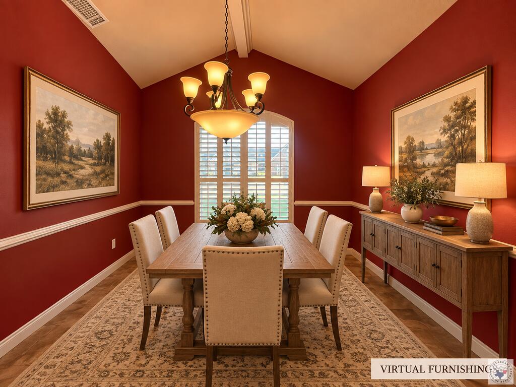 Virtually furnished dining room with red walls, a wooden table, upholstered chairs, and a chandelier.