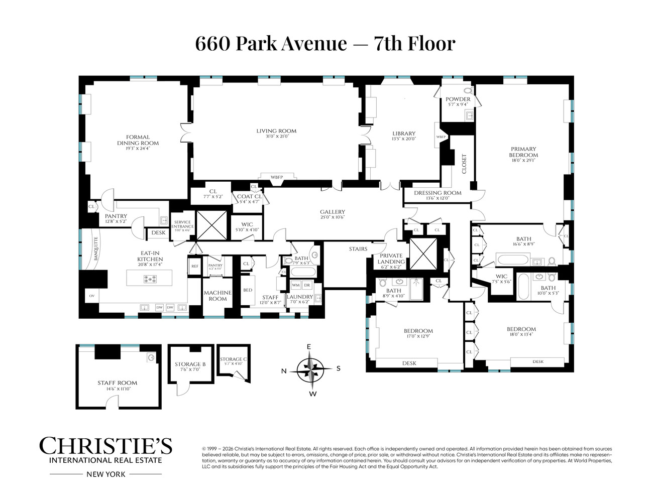 Floor plan of 660 Park Avenue’s seventh floor, with room labels, dimensions, and separate storage rooms.