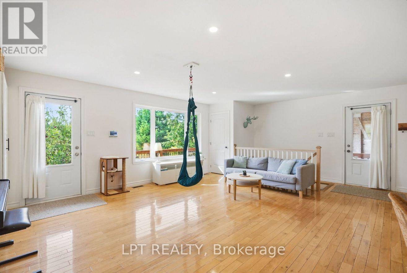 Living room with hardwood floors, a gray sofa, and a hanging hammock chair beside large windows.