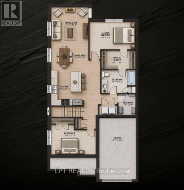 Furnished floor plan with two bedrooms, open living and dining areas, kitchen, and attached garage.