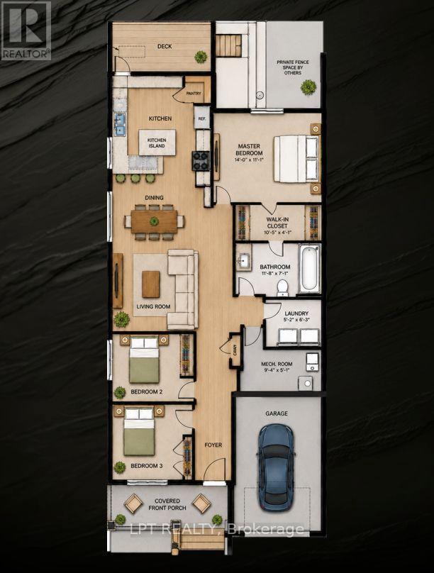 Three-bedroom home floor plan with kitchen island, garage, deck, and covered front porch.