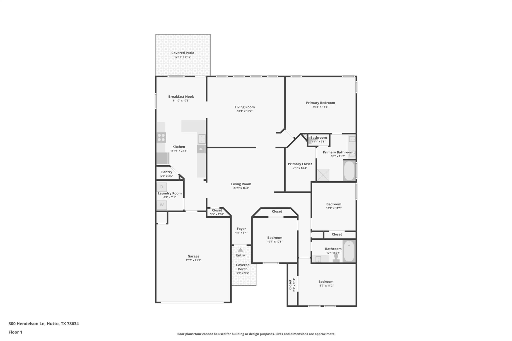 First-floor plan with a central living area, four bedrooms, two living rooms, garage, covered porch, and patio.