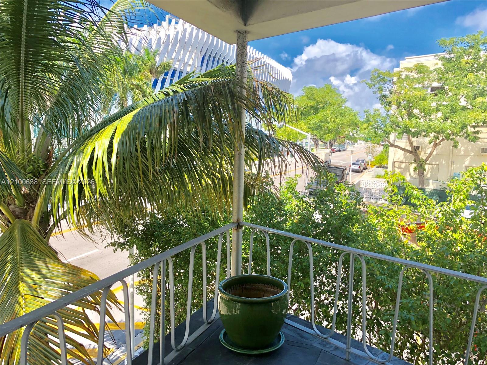 Balcony overlooking palm trees, a leafy street, and neighboring buildings.