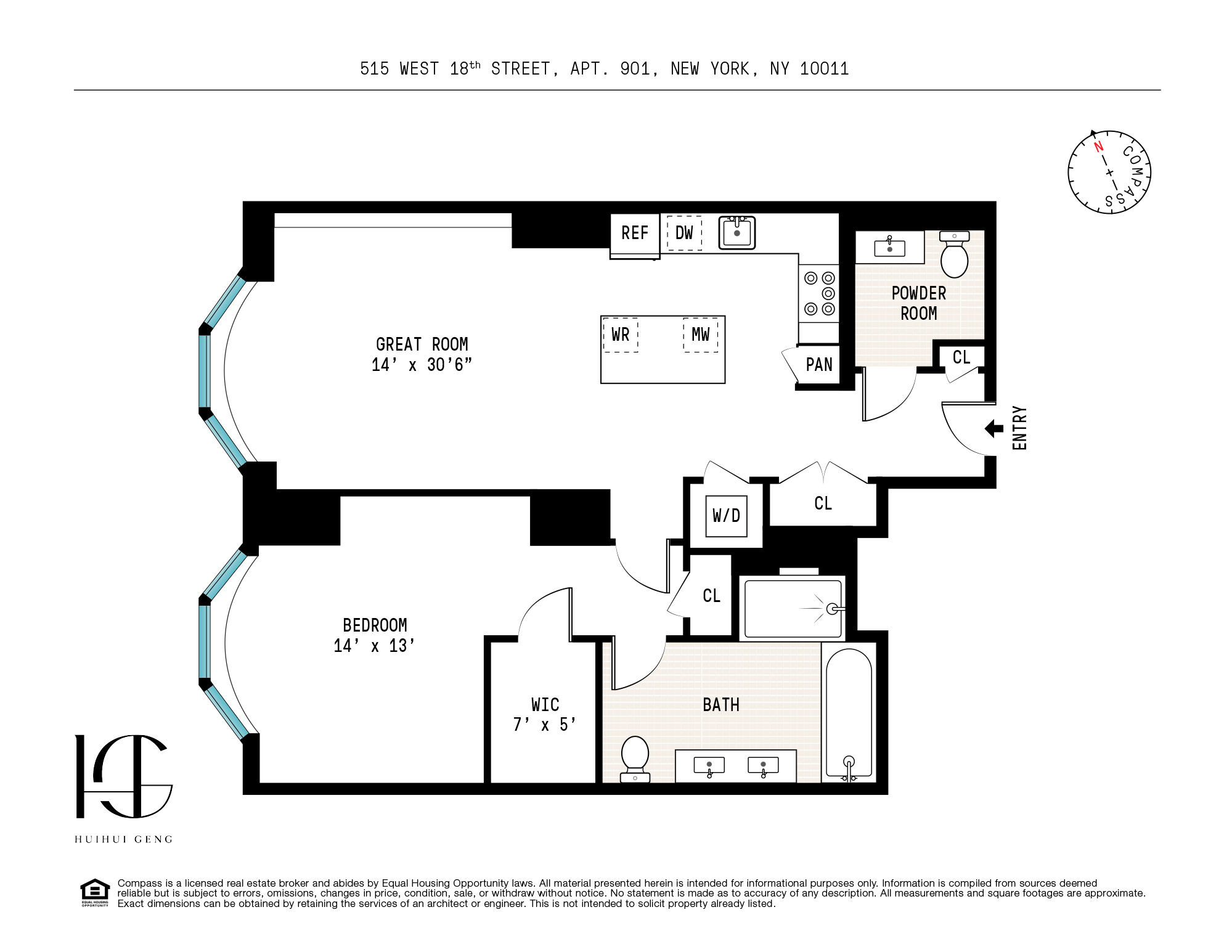 Apartment floor plan with a two-bedroom layout, curved bay windows, great room, kitchen, and two bathrooms.