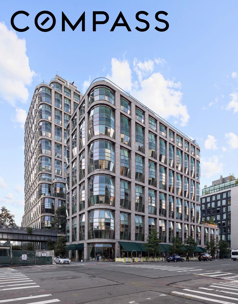 Modern residential building at 515 W 18th Street with curved glass windows and a stone facade.