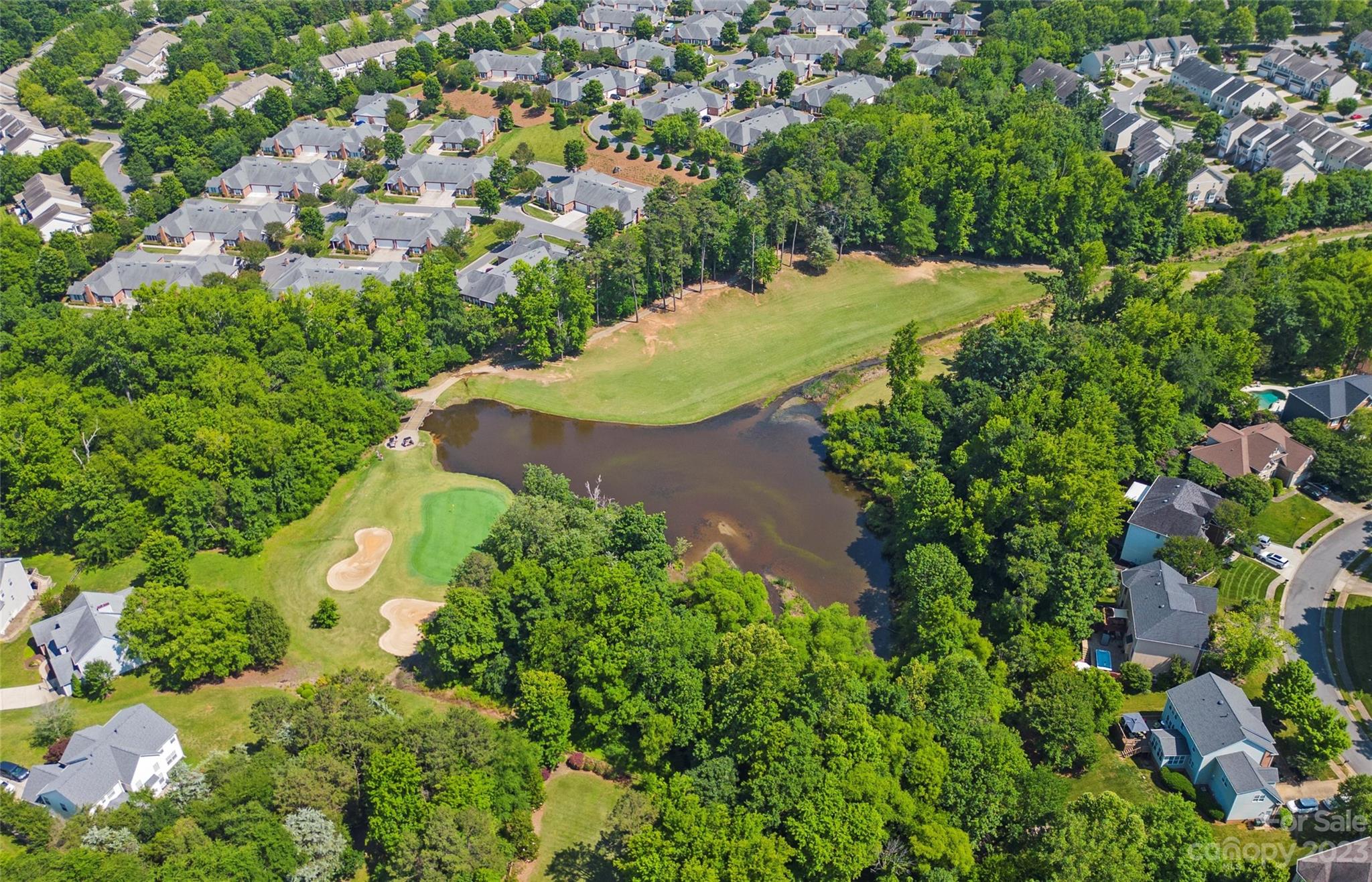 Aerial view of homes around a pond, with a wooded shoreline and a small golf green.