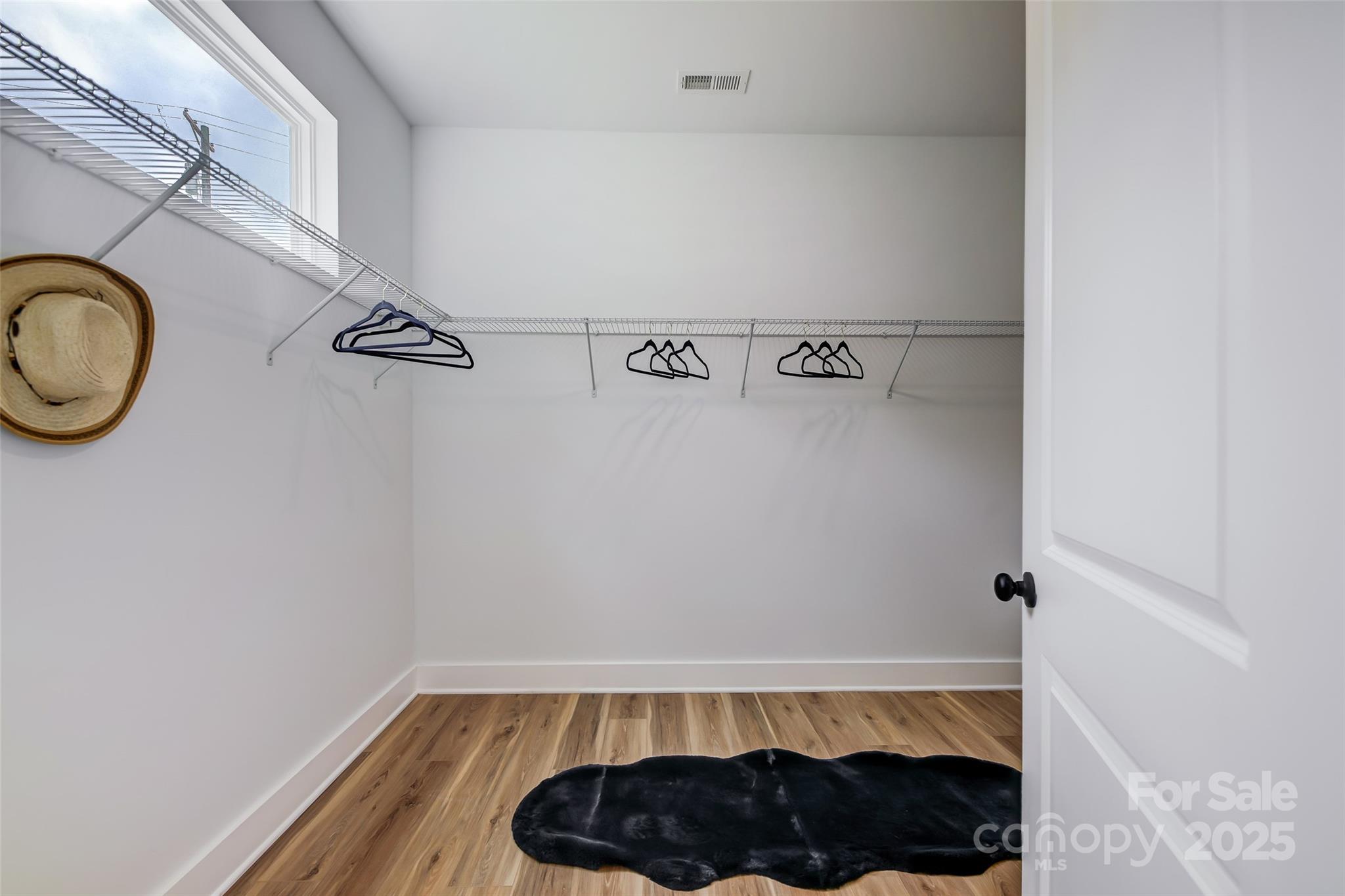 Walk-in closet with wire shelving, clothes hangers, wood-look flooring, and a black rug.