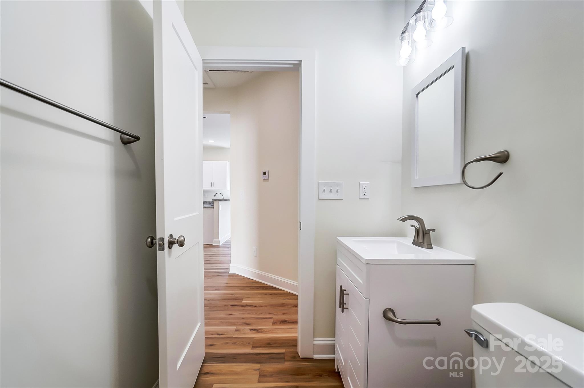 Bathroom with a white vanity and sink, viewed through an open door toward a wood-floored hallway.