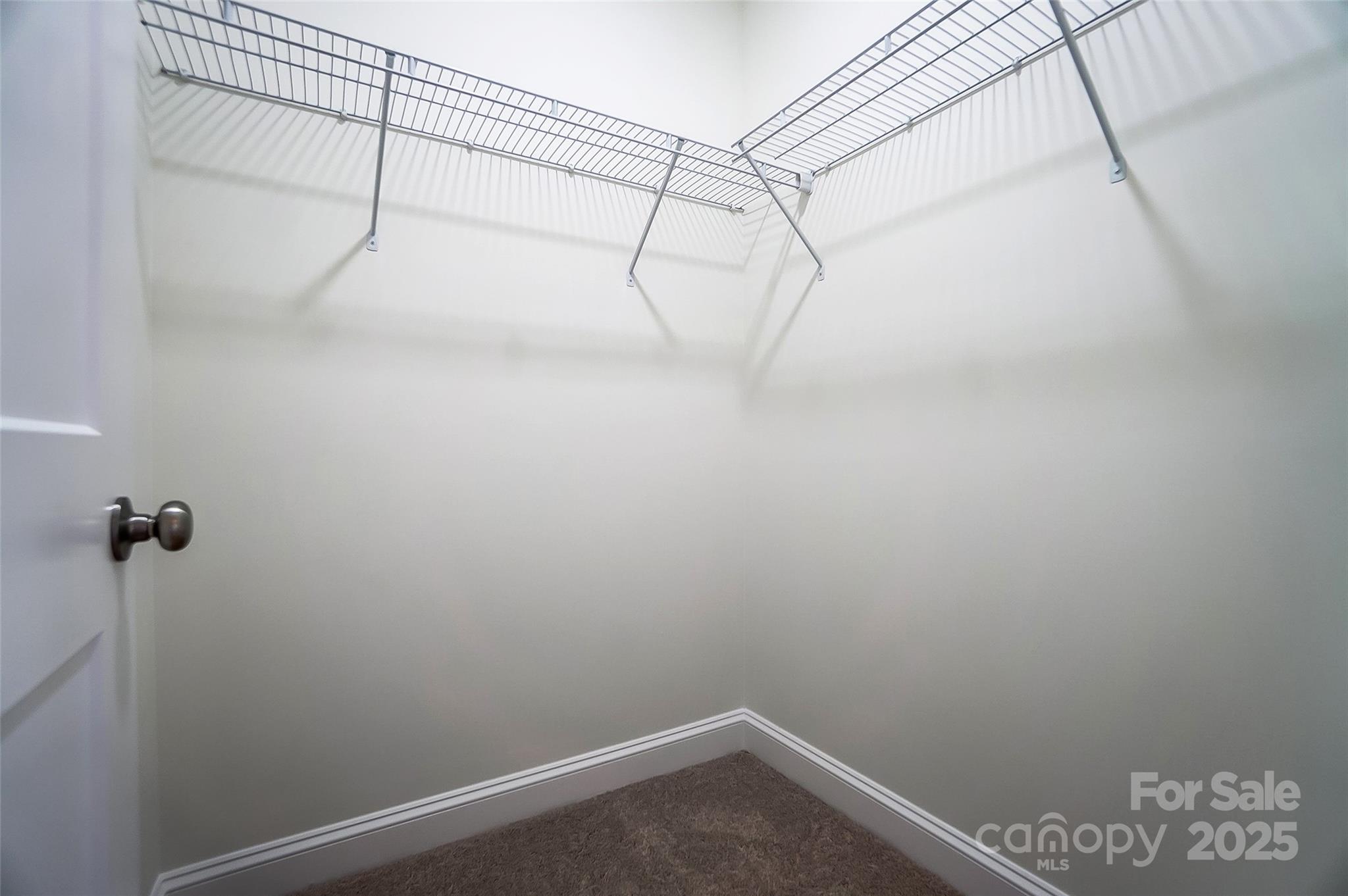 Empty carpeted closet with white wire shelving along two walls.