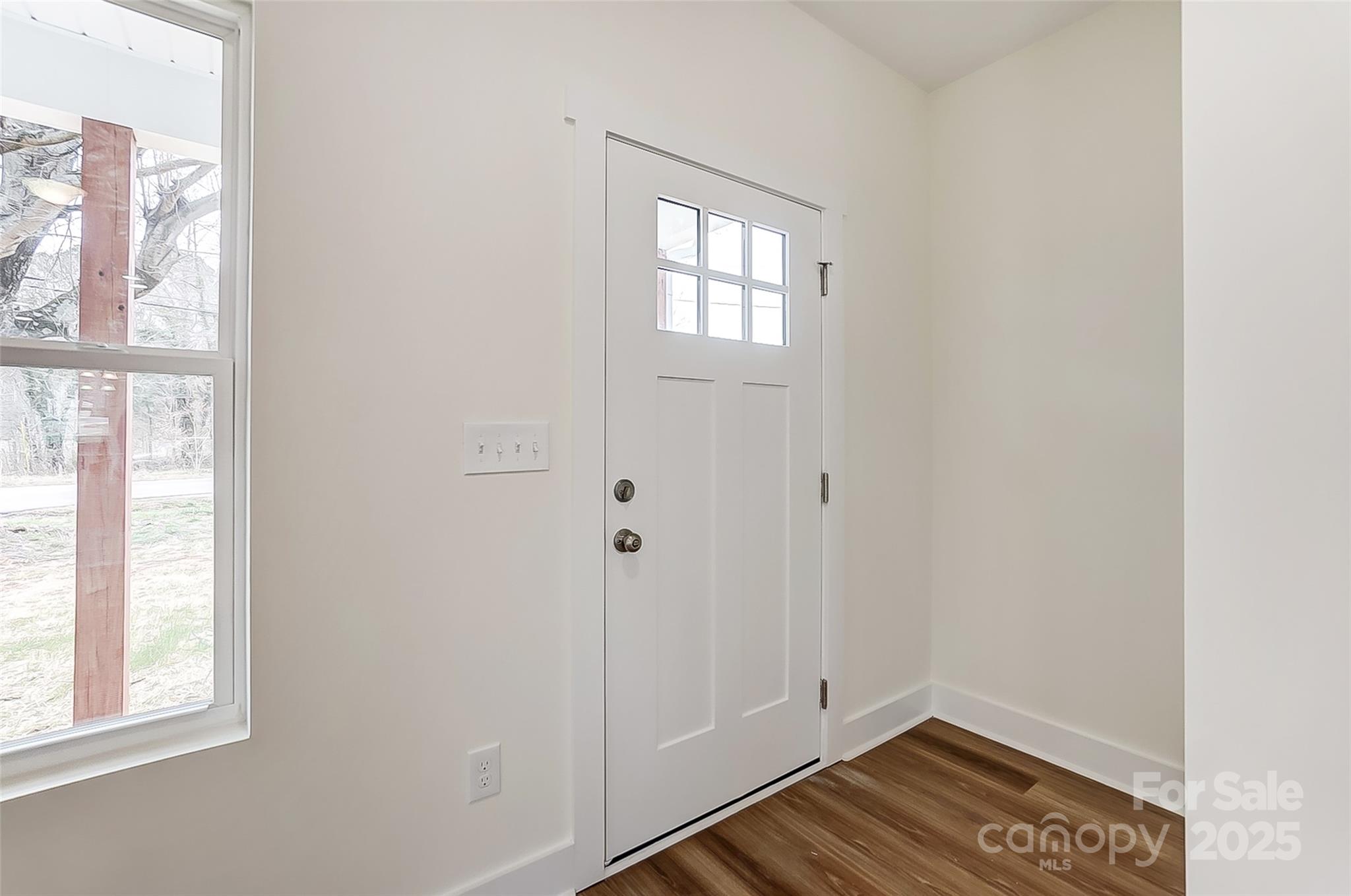 Entry foyer with a white windowed front door, tall side window, and wood flooring.
