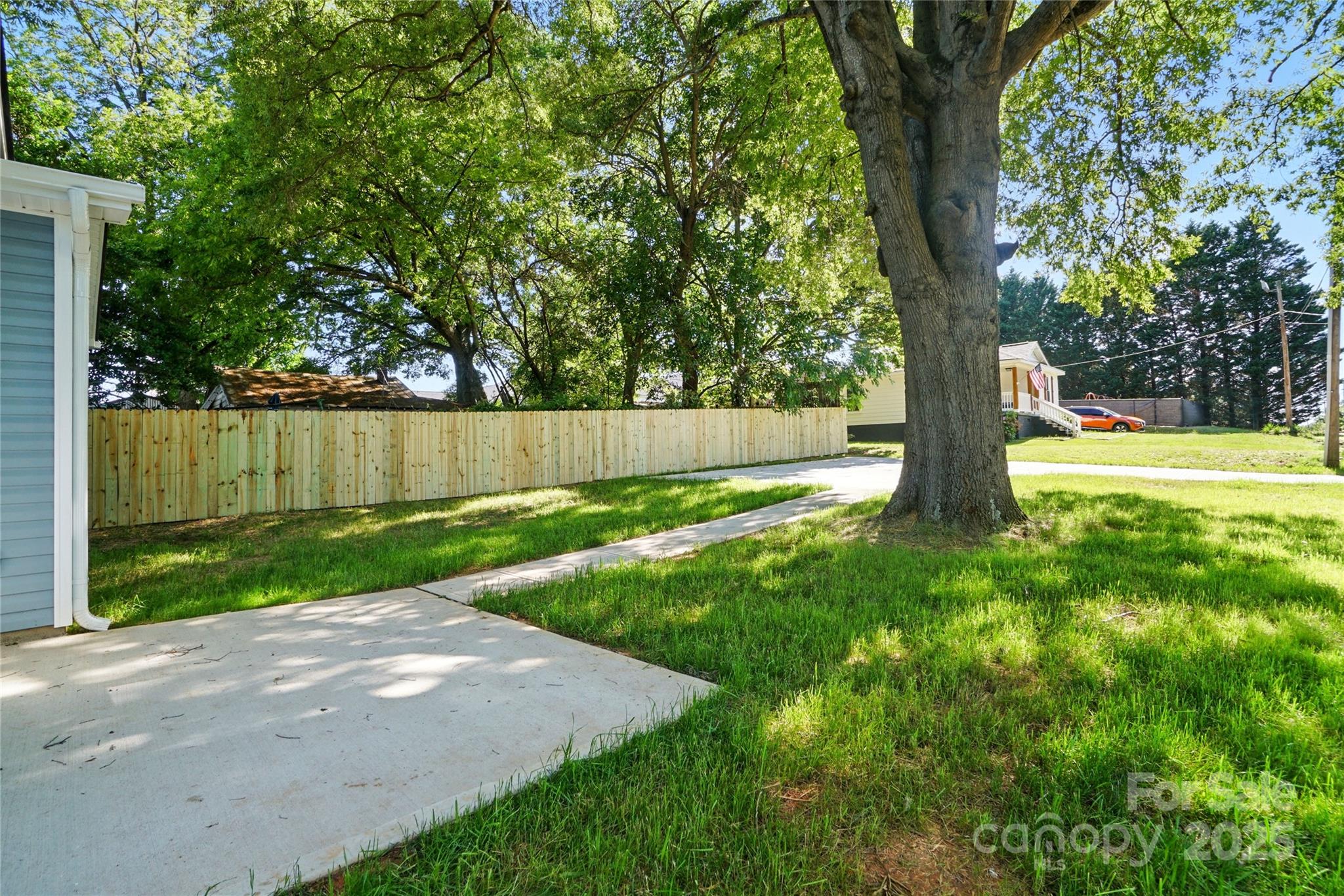 Grassy side yard with a large shade tree, wooden privacy fence, and curving concrete walkway.