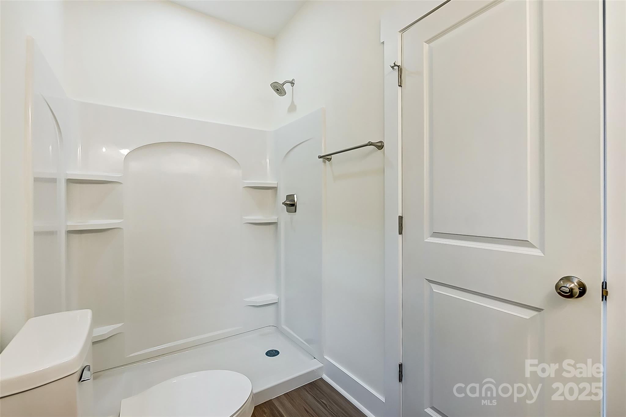 Bathroom with a white walk-in shower, built-in shelves, partly visible toilet, and wood-look flooring.