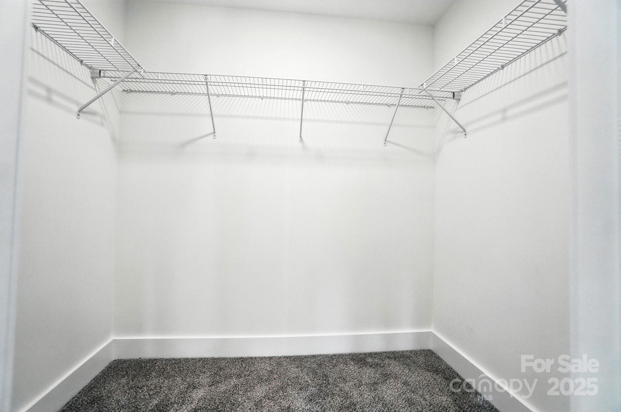 Empty walk-in closet with gray carpet and wraparound wire shelving.