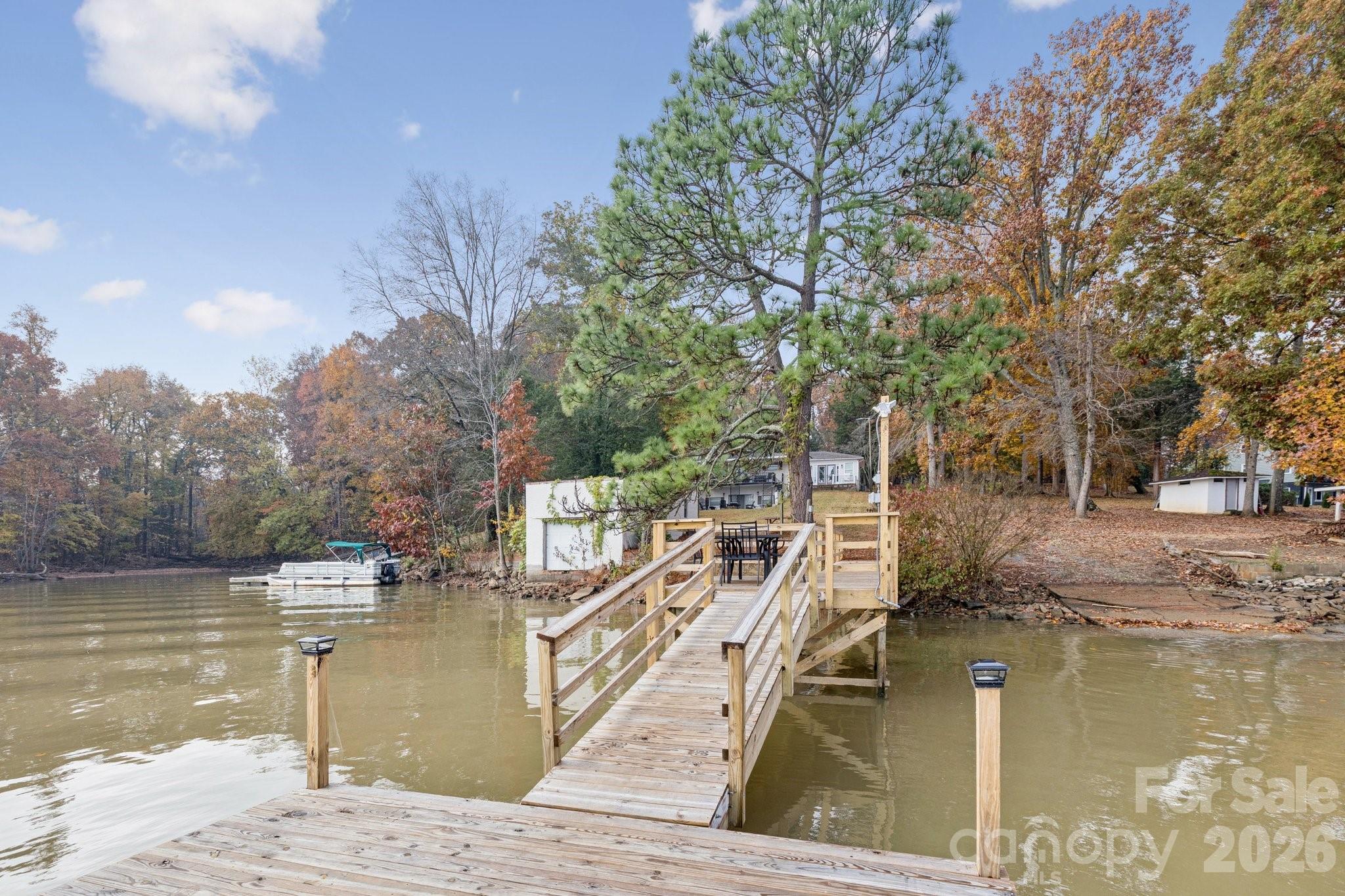 Wooden dock extending into the water beside an autumn-colored residential shoreline.