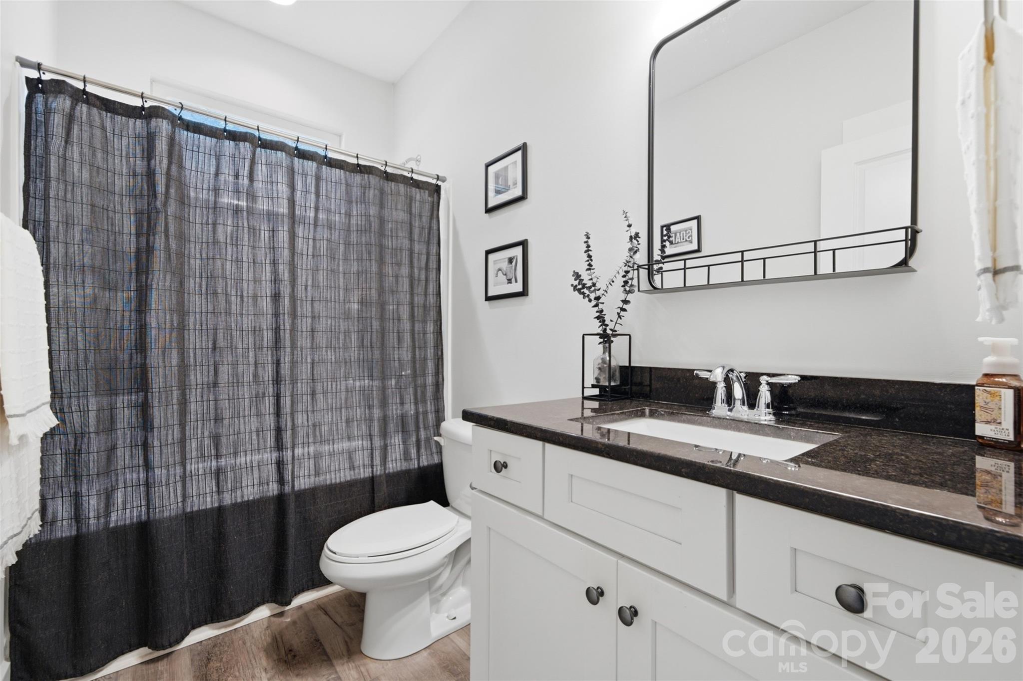 Bathroom with a white vanity, dark countertop, large mirror, and plaid shower curtain.