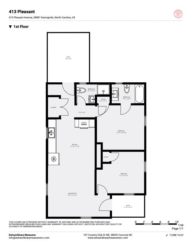 First-floor plan of 413 Pleasant Avenue, showing a deck, kitchen, living room, bedrooms, bathrooms and porch.