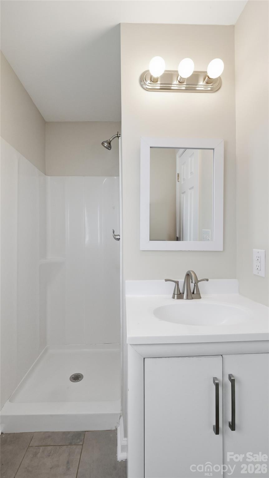 Bathroom with a white vanity and framed mirror beside a walk-in shower.