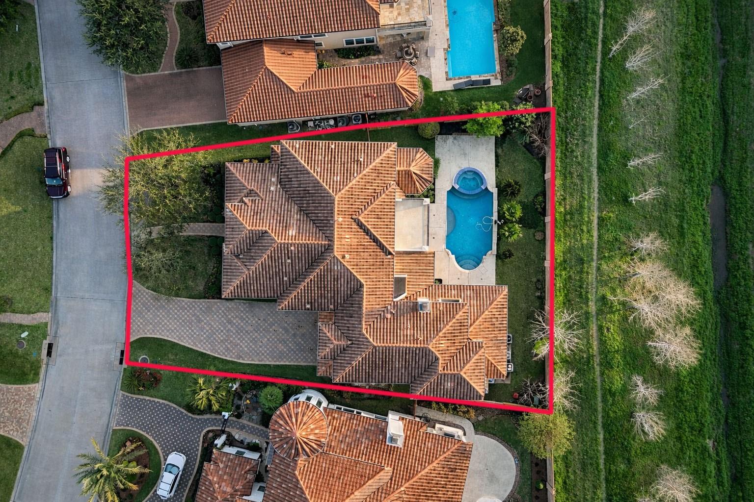 Aerial view of a tiled-roof home with a pool and landscaped yard inside a red property outline.