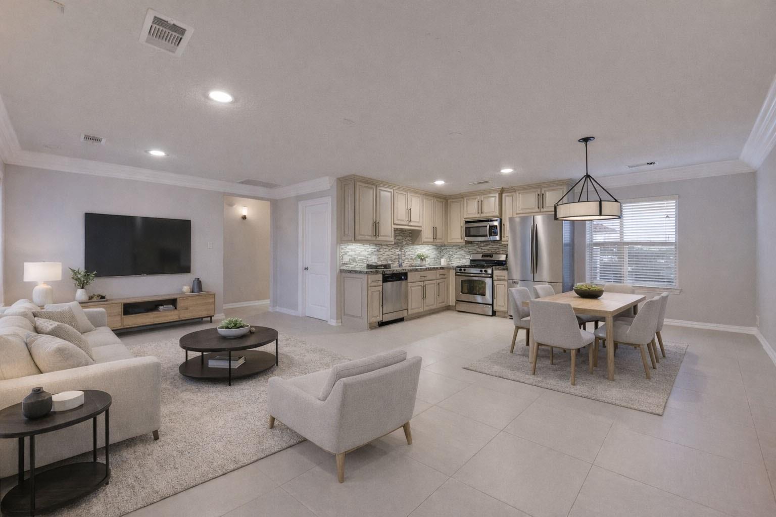 Open-plan living room, dining area, and kitchen with light cabinetry and stainless steel appliances.
