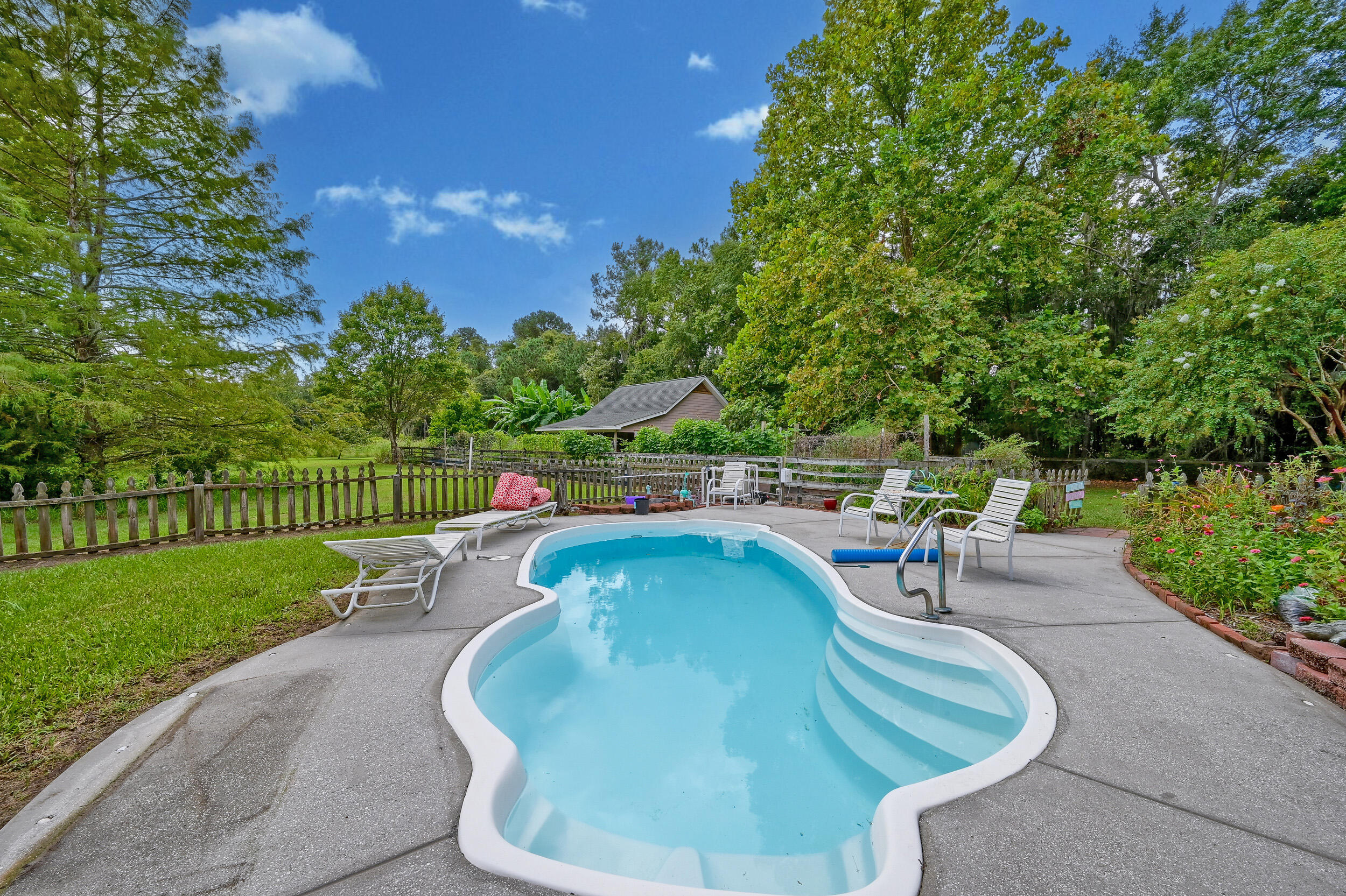 Curved backyard swimming pool with patio loungers, a wooden fence, and mature trees.