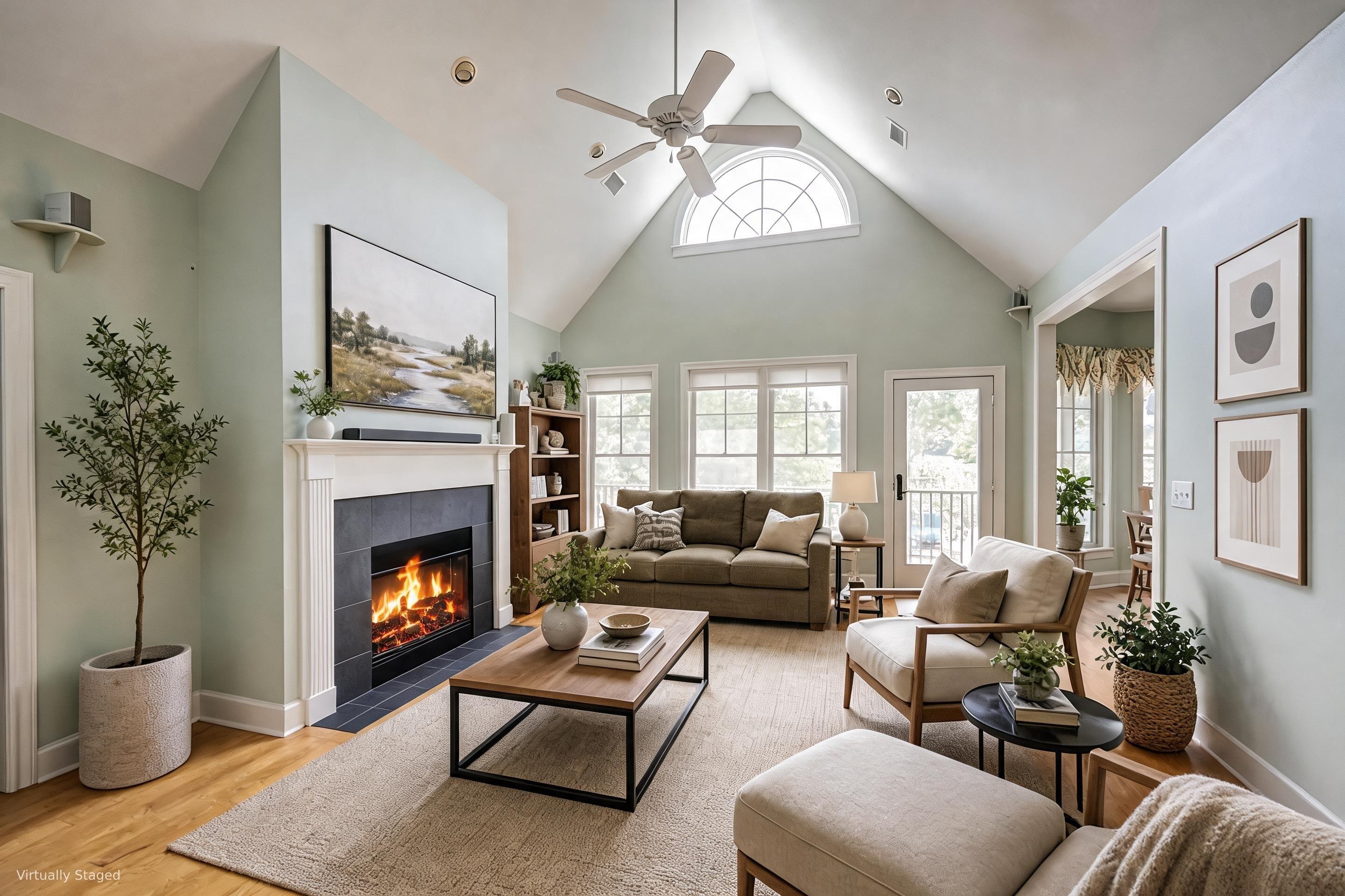 Virtually staged living room with a fireplace, vaulted ceiling, and arched window.
