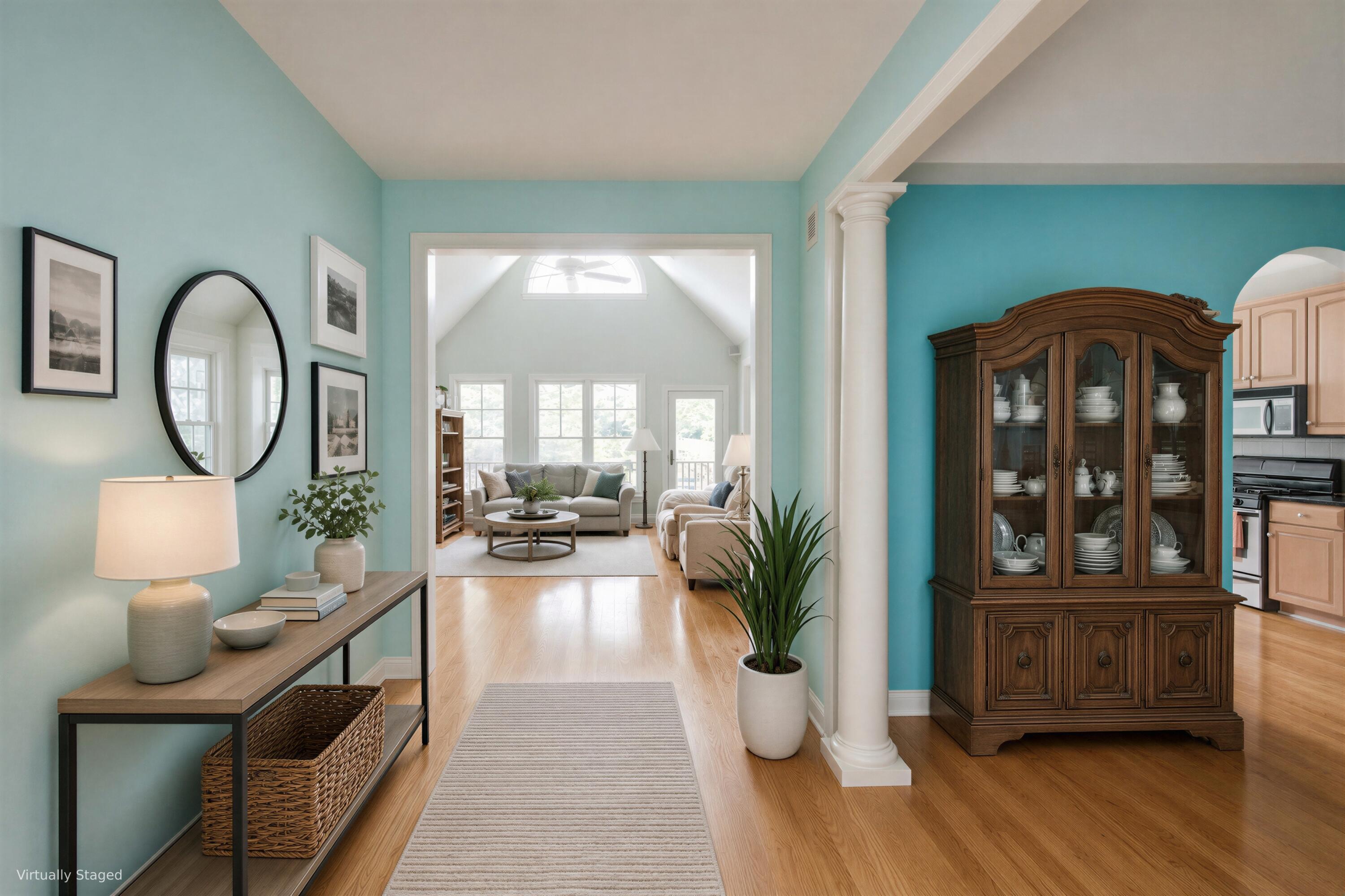 Staged entryway with aqua walls, wood floors, and a view into a bright living room.