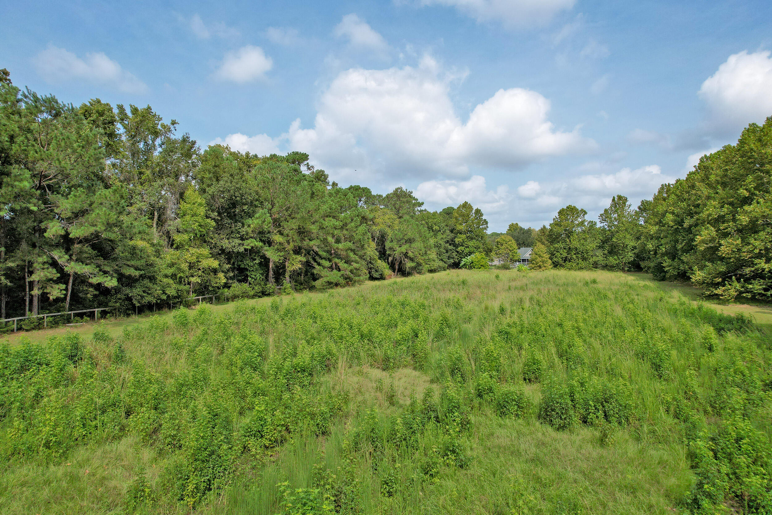 Grassy lot bordered by mature trees, with a small house in the distance.