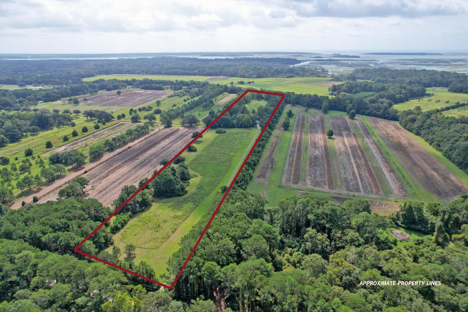 Aerial view of a long property outlined in red, with open land, trees, and distant marsh water.