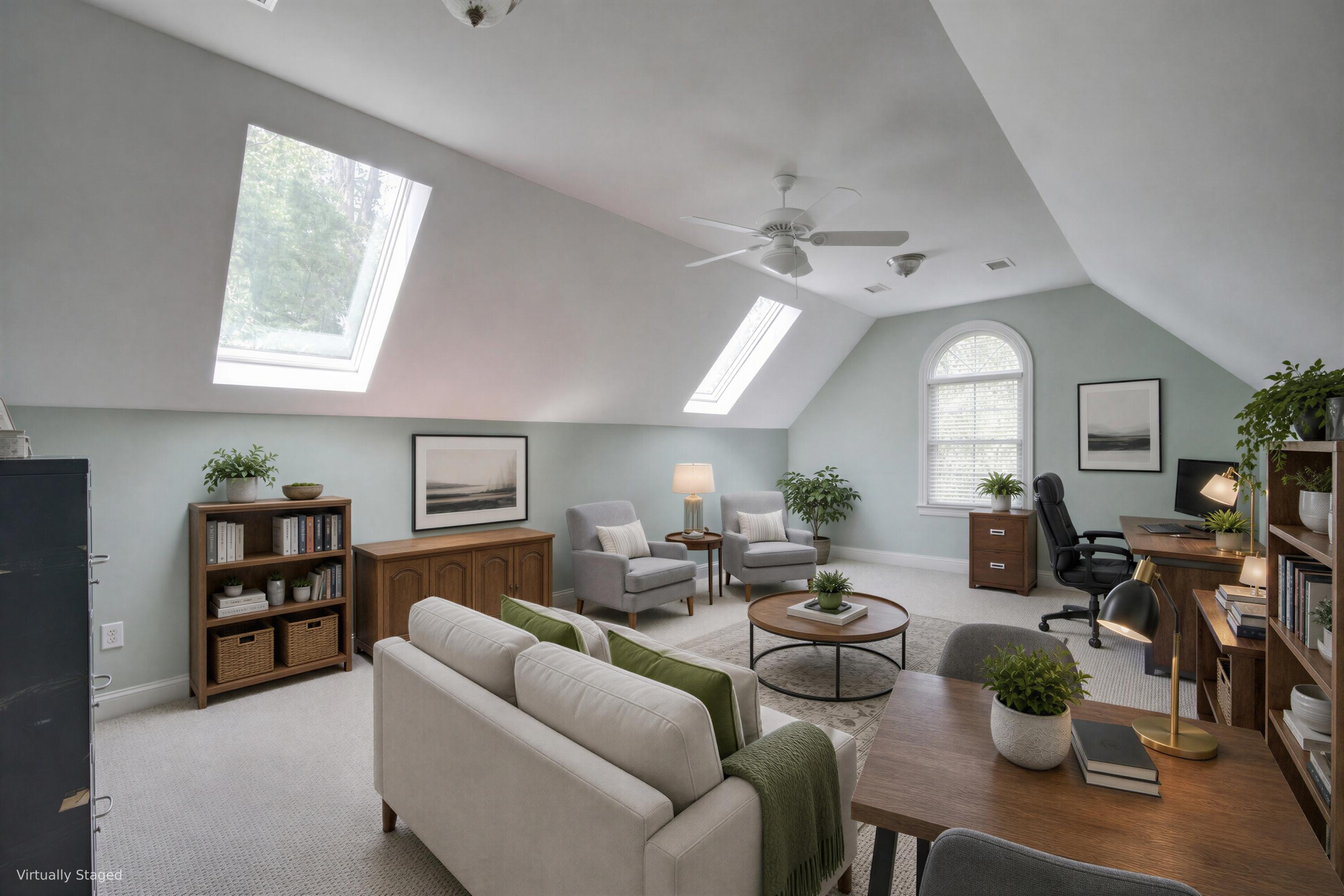 Staged attic living room and office with a vaulted ceiling, skylights, and wooden desk.