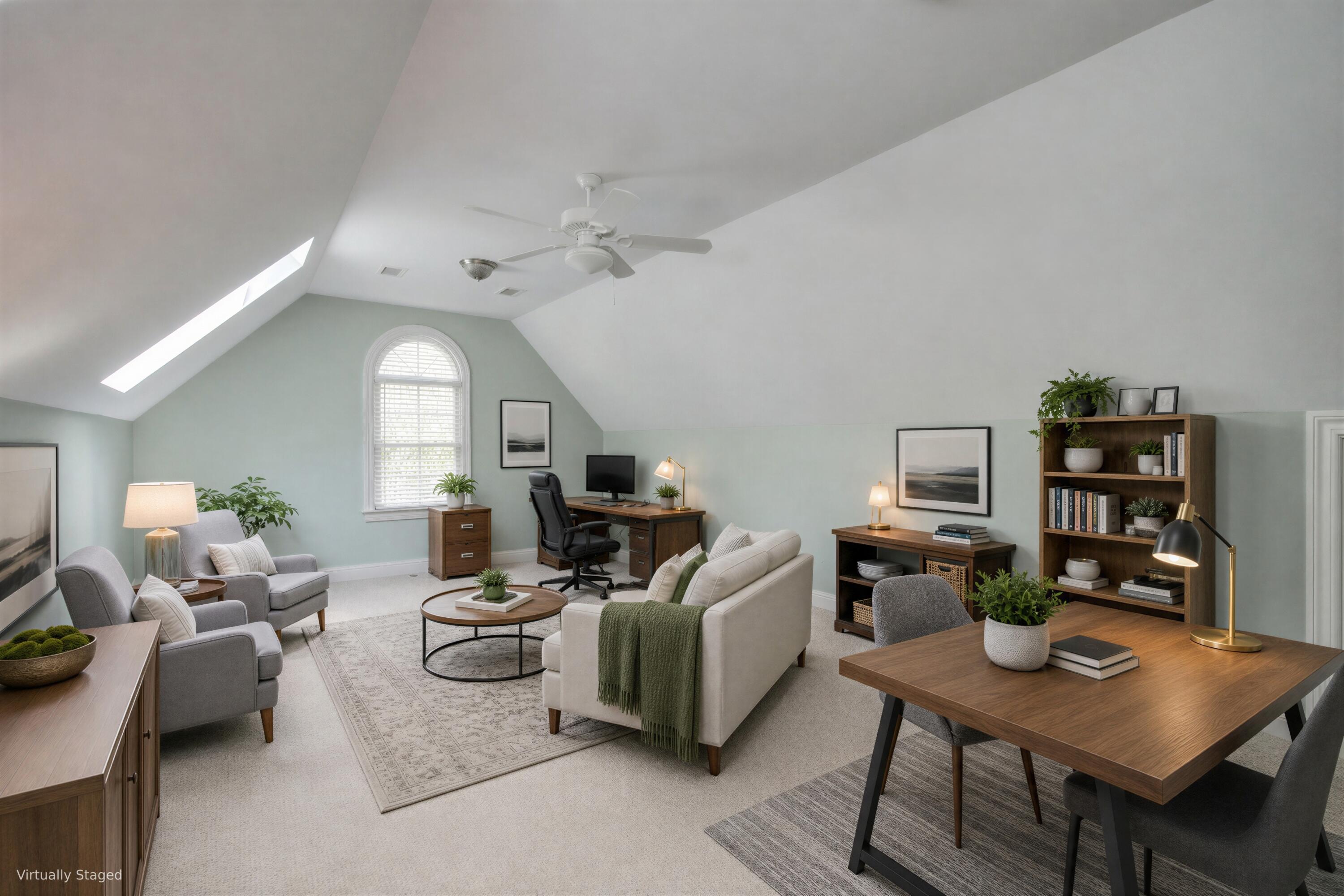Loft office and sitting room with a vaulted ceiling, skylight, arched window, desk, and seating area.