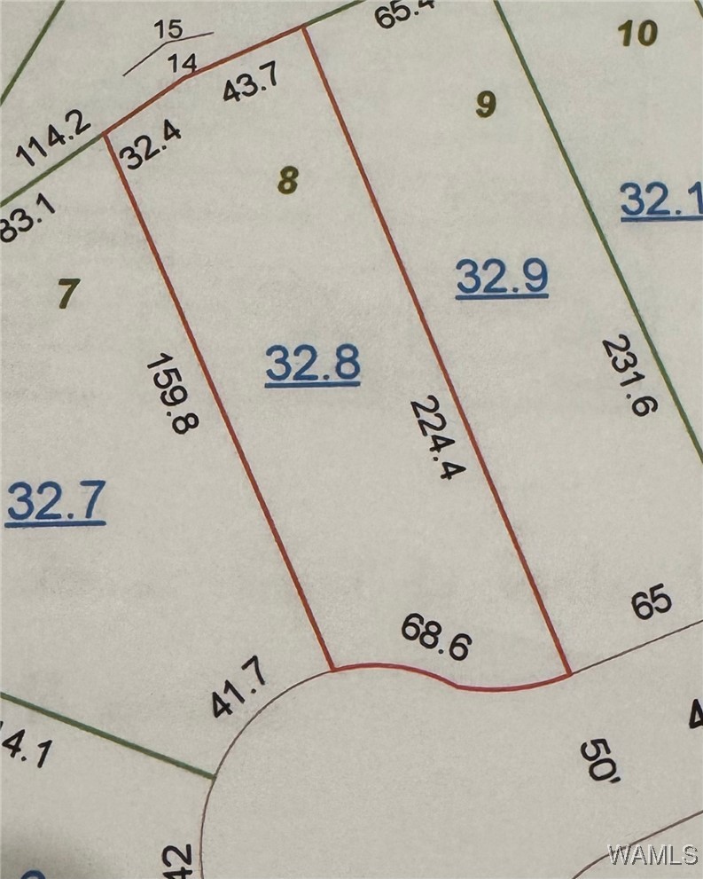 Parcel map with lot 8 outlined in red and boundary measurements.