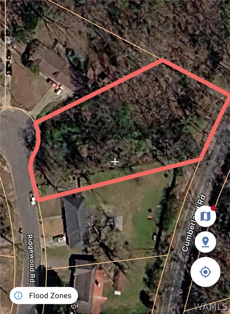 Aerial map of a wooded parcel outlined in red near Ridgewood Road and Cumberland Road.