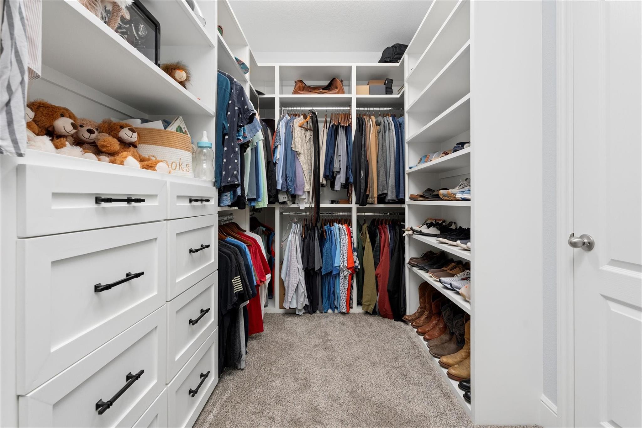 Walk-in closet with white built-ins, hanging clothes, and shoe shelves.