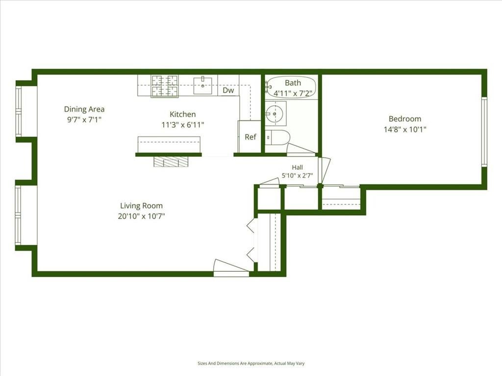 Floor plan showing living room, dining area, kitchen, bedroom, bath, and hall with dimensions.