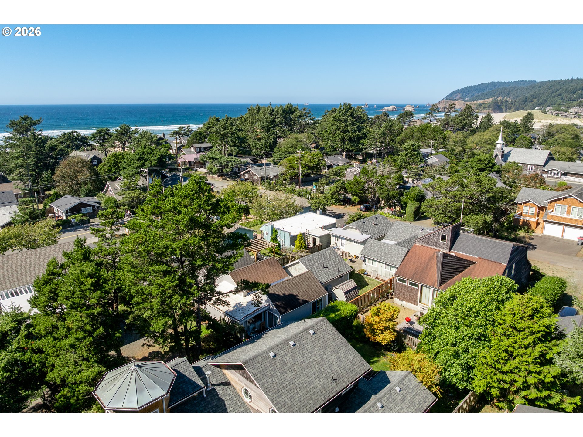 Aerial coastal neighborhood with homes and trees overlooking the Pacific Ocean.