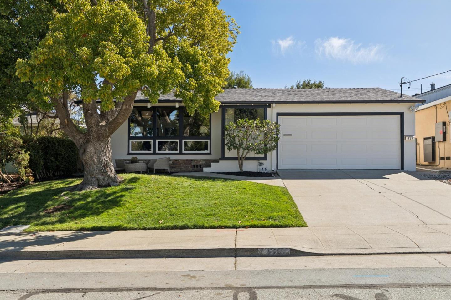 Single-story home with dark-framed windows, a white garage door, and a large tree beside the front lawn.