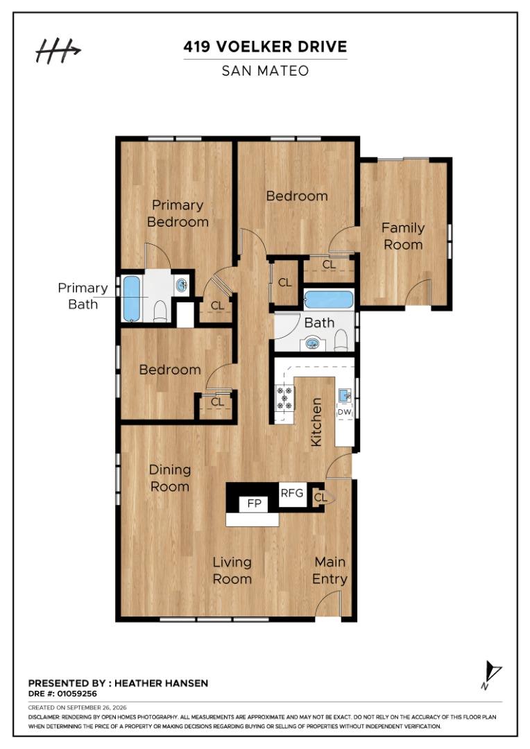 Floor plan of 419 Voelker Drive with three bedrooms, a family room, and open living and dining areas.