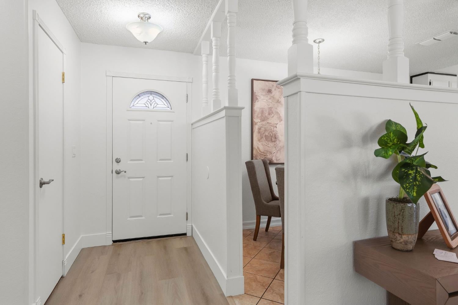 Entry foyer with a decorative-glass front door, light wood flooring, and a console table with a potted plant.