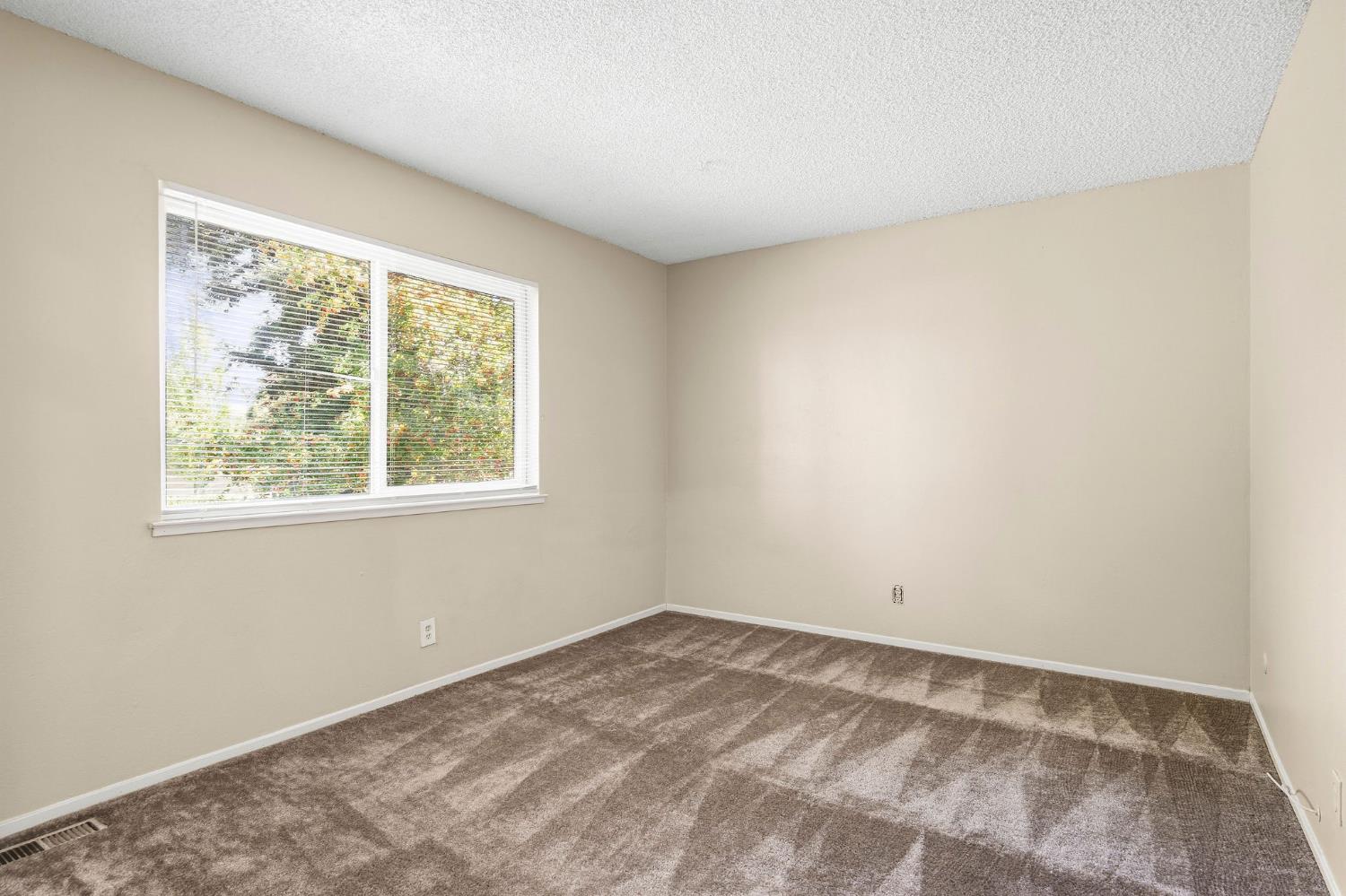 Empty bedroom with brown carpet and a large window with white blinds.